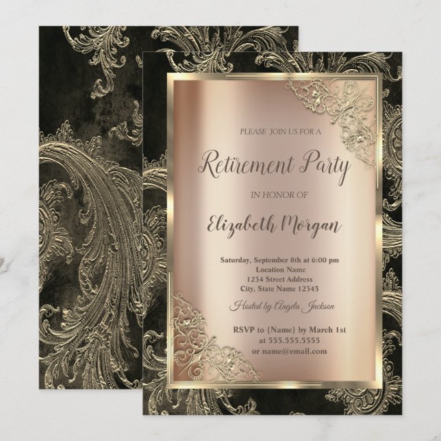 Festive Gold Frame,Floral Damask Retirement Invitation (Front/Back)