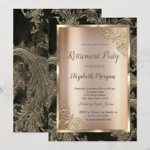 Festive Gold Frame,Floral Damask Retirement Invitation