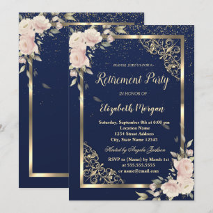 Festive Gold Frame Navy Blue Flowers Retirement Invitation
