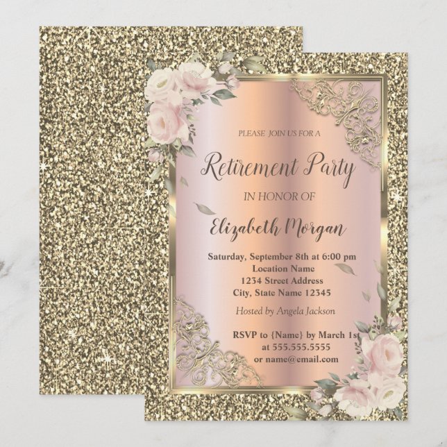 Festive Gold Frame,Roses,Glitter Retirement Invitation (Front/Back)