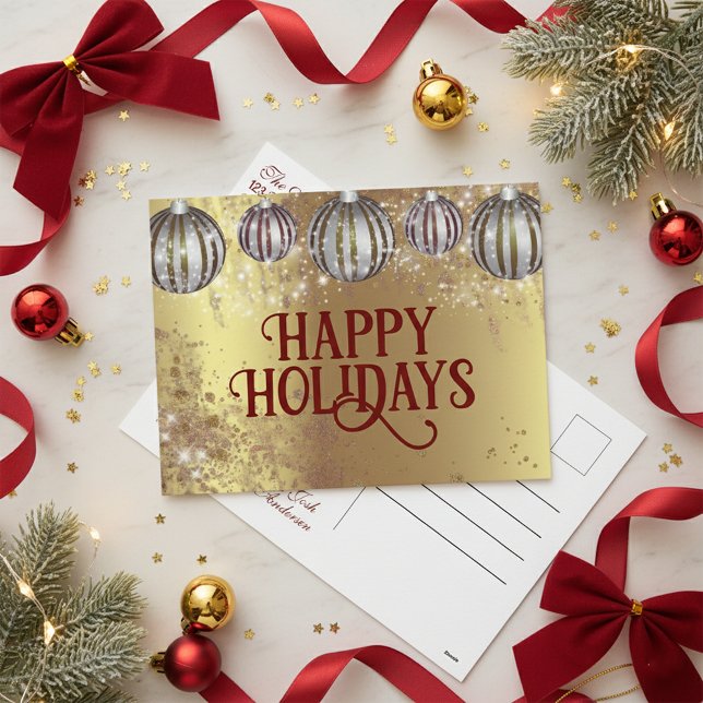 Festive Gold Glitter Christmas Baubles Greeting Holiday Postcard (Creator Uploaded)