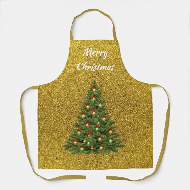 Festive Gold Glitter Christmas Tree Holiday Party Apron (Front)