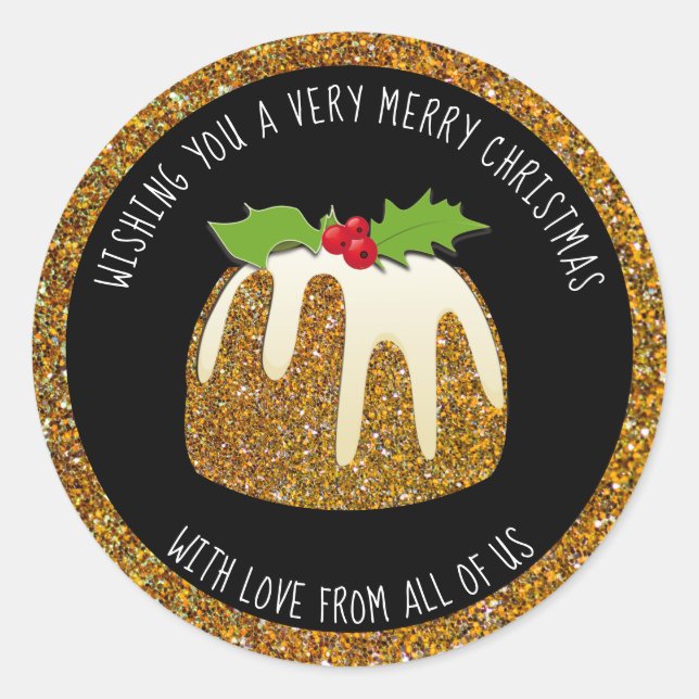 Festive gold glitter pudding MERRY CHRISTMAS Classic Round Sticker (Front)
