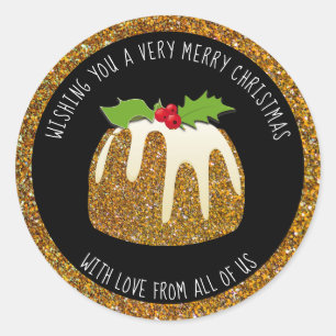 Festive gold glitter pudding MERRY CHRISTMAS Classic Round Sticker