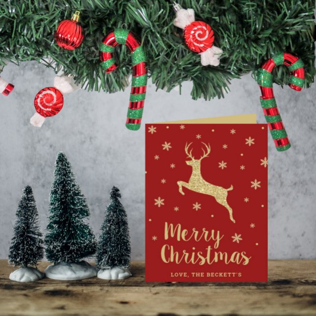 Festive Gold Glitter Reindeer Christmas Photo Holiday Card (Creator Uploaded)
