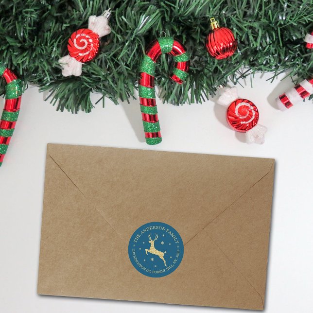 Festive Gold Glitter Reindeer Return Address Classic Round Sticker (Creator Uploaded)
