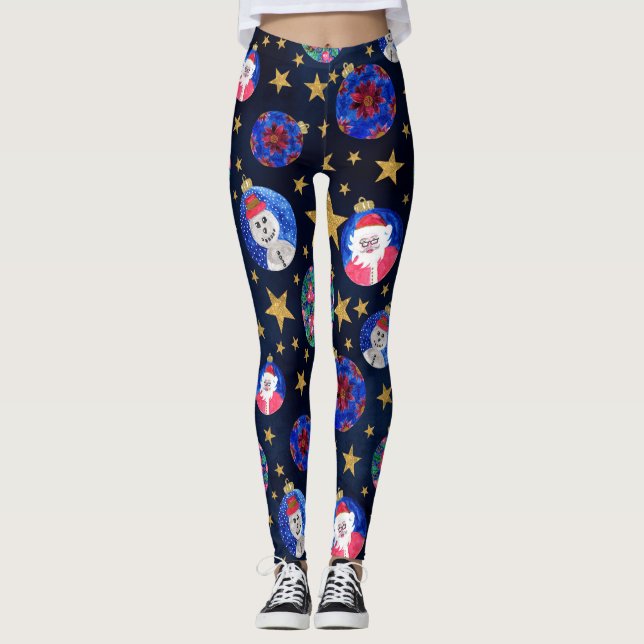 Festive Gold Glitter Stars Ornaments Watercolor Leggings (Front)
