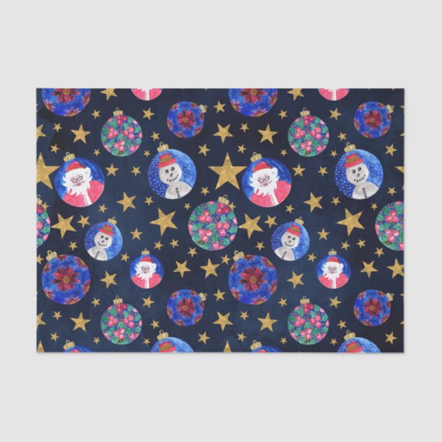 Festive Gold Glitter Stars Ornaments Watercolor Tissue Paper (Front)