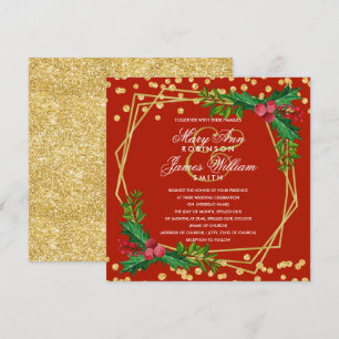 Festive Gold Holiday Christmas Wedding Holly Red Invitation