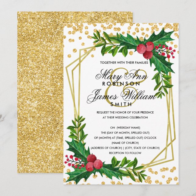 Festive Gold Holiday Christmas Wedding Holly White Invitation (Front/Back)