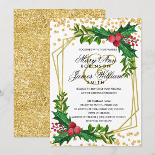 Festive Gold Holiday Christmas Wedding Holly White Invitation
