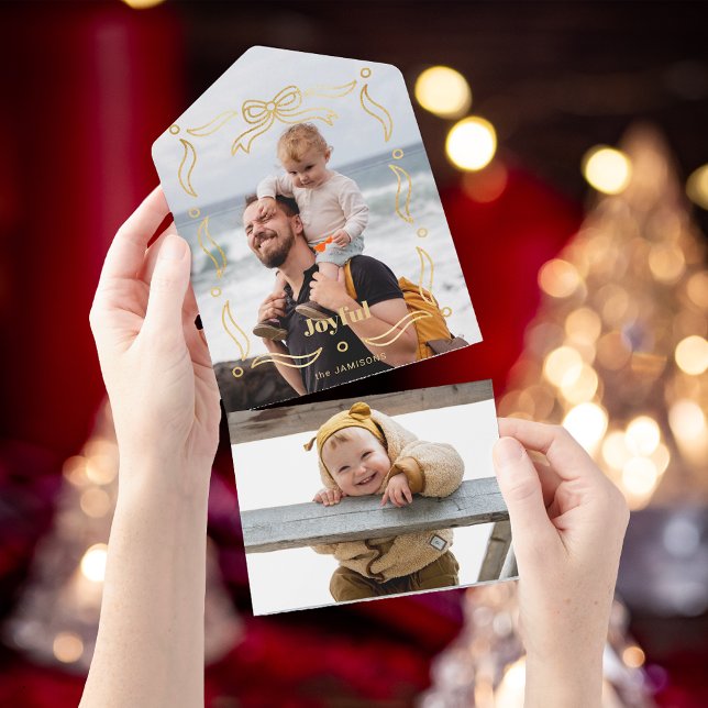 Festive Gold Line Drawn Ribbon Frame 1-Photo All In One Invitation (Creator Uploaded)