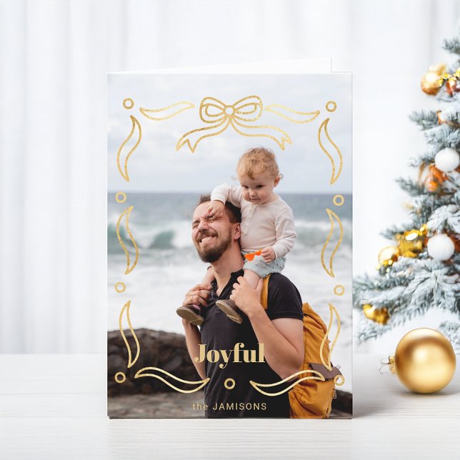 Festive Gold Line Drawn Ribbon Frame 1-Photo Holiday Card (Creator Uploaded)