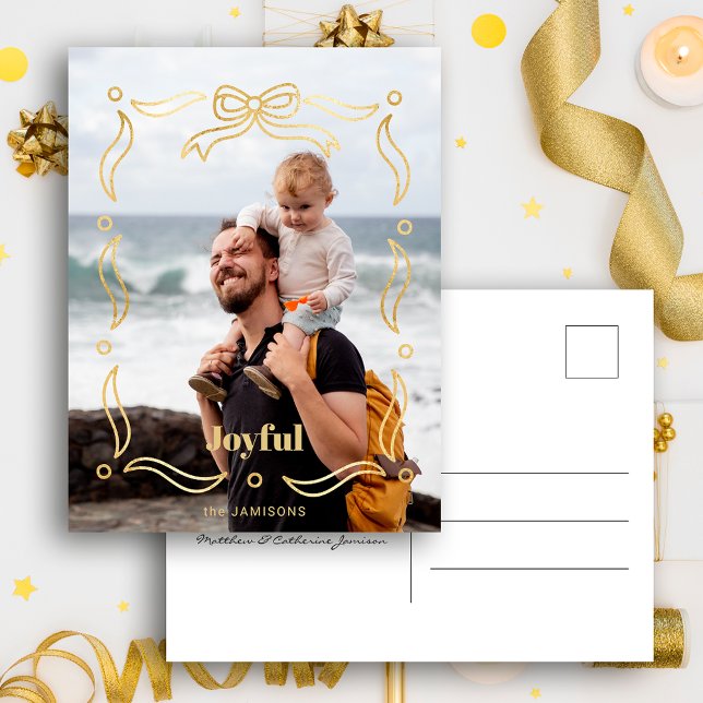 Festive Gold Line Drawn Ribbon Frame 1-Photo Holiday Postcard (Creator Uploaded)