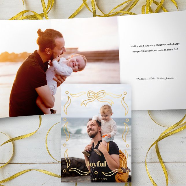 Festive Gold Line Drawn Ribbon Frame 1-Photo Tri-Fold Card (Creator Uploaded)