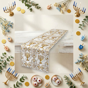 Festive Gold Marble Hanukkah Menorah Short Table Runner