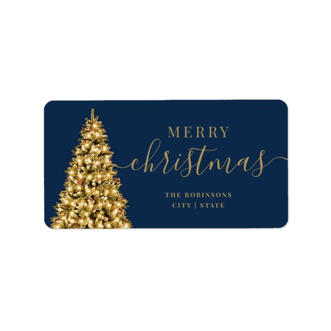 Festive GOLD Merry Xmas Tree Family Holidays Navy Label (Front)
