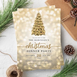 Festive Gold Pine Tree Lights Christmas Party Invitation