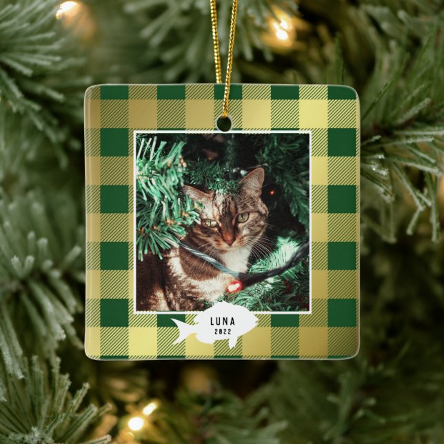 Festive Gold Plaid Cat Name Christmas  Ceramic Ornament (Tree)