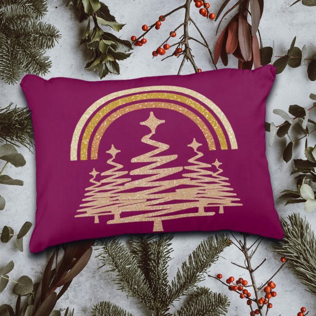 Festive Gold Rainbow Sparkling Fir Trees Decorative Cushion (Creator Uploaded)