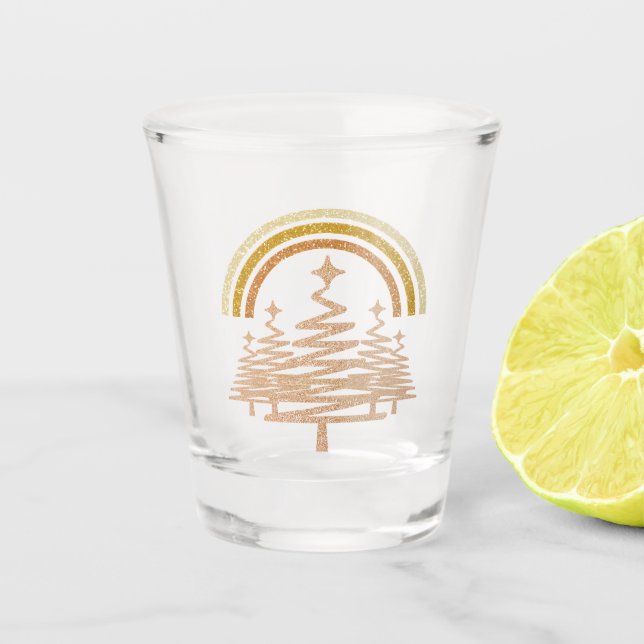 Festive Gold Rainbow Sparkling Fir Trees Shot Glass (Front)