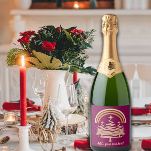Festive Gold Rainbow Sparkling Fir Trees Wine Label