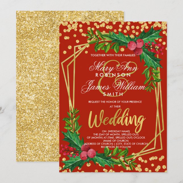 Festive Gold Red Holiday Christmas Wedding Holly Invitation (Front/Back)