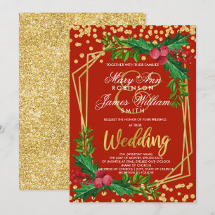 Festive Gold Red Holiday Christmas Wedding Holly Invitation