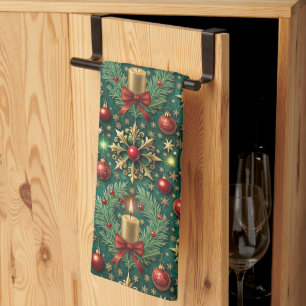 Festive Gold Red Ornaments Snowflakes Christmas Tea Towel