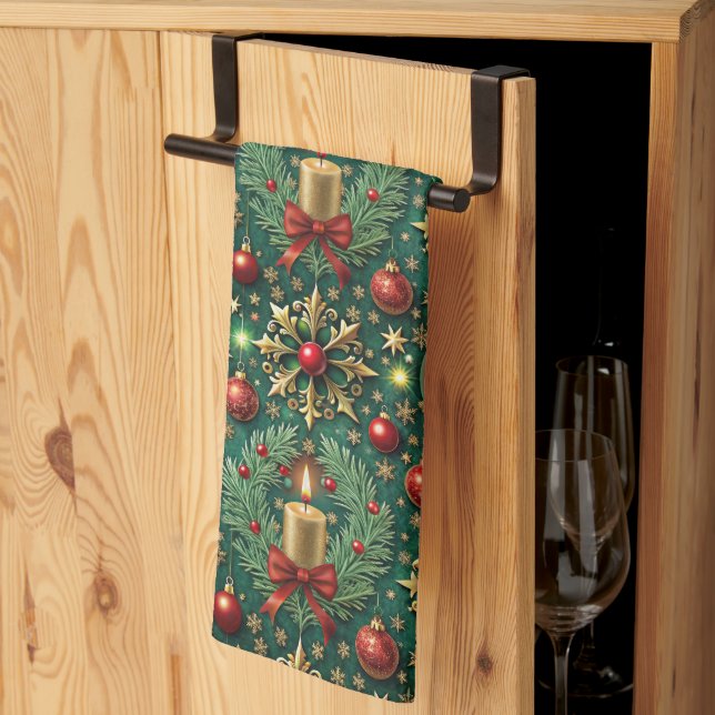 Festive Gold Red Ornaments Snowflakes Christmas Tea Towel (Thirds Fold)