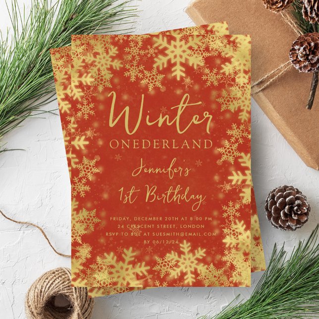 Festive Gold Red Winter ONEDERLAND 1st Birthday Invitation (Festive Gold Red Winter ONEDERLAND 1st Birthday Invitation)
