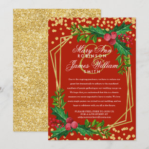 Festive Gold Reduced Christmas Wedding Holly Red Invitation