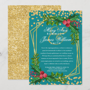 Festive Gold Reduced Christmas Wedding Holly Teal Invitation