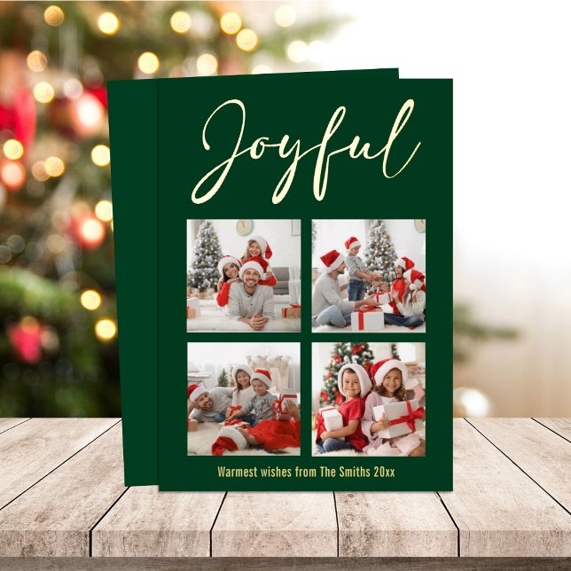 Festive Gold Script JOYFUL Modern Green Photo  Foil Holiday Card (Creator Uploaded)