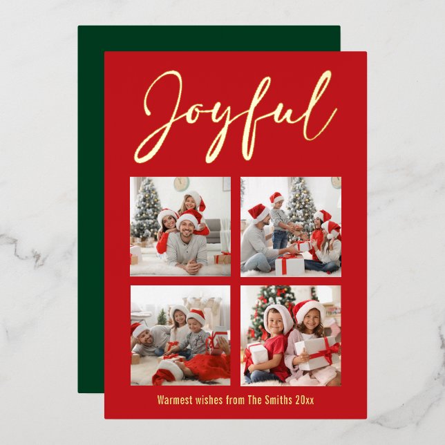 Festive Gold Script JOYFUL Modern Red Photo Foil Holiday Card (Front/Back)