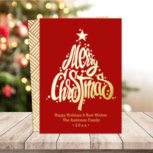 Festive Gold Script Merry Christmas Pine Tree Red Foil Holiday Card