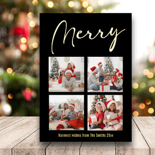 Festive Gold Script MERRY Modern Black Photo Foil Holiday Card