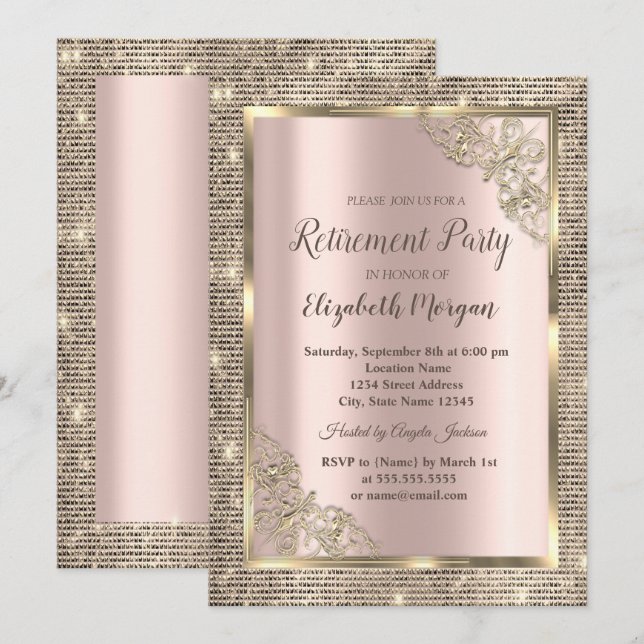 Festive Gold Sequins Frame,Rose Gold Retirement I Invitation (Front/Back)