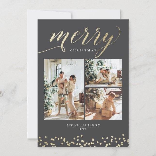 Festive Gold Sparkle Photo Christmas Card (Front)