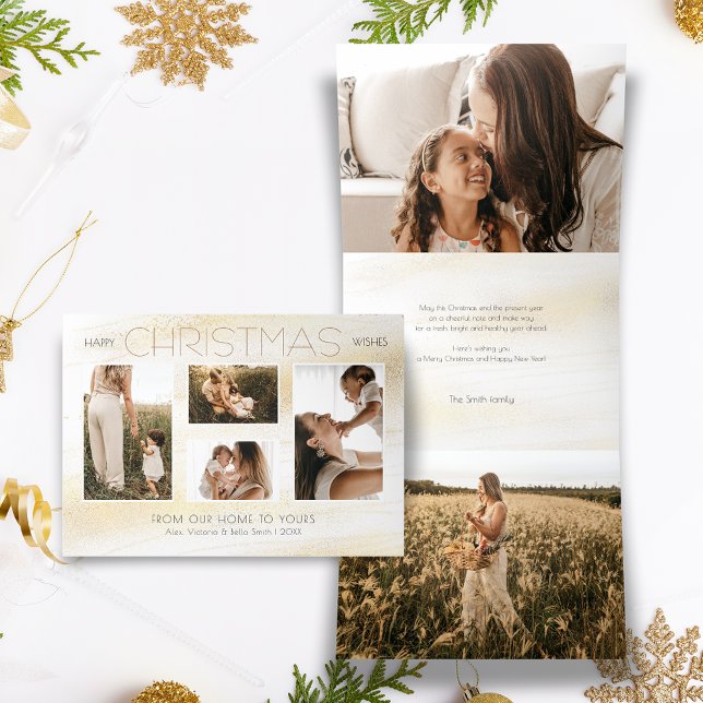Festive Gold Stardust Christmas Multi-Photo Tri-Fold Holiday Card (Creator Uploaded)