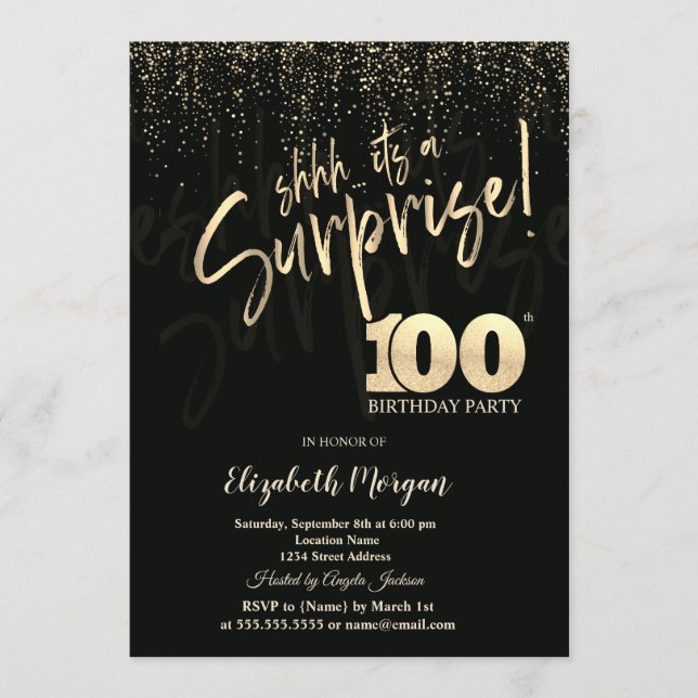 Festive Gold Surprise 100th Birthday Party Invitation (Front)