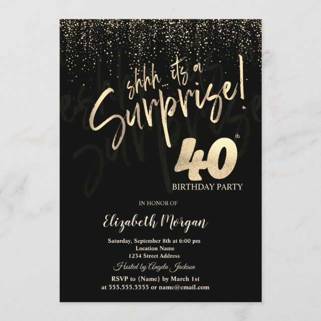 Festive Gold Surprise 40th Birthday Party Invitation (Front)