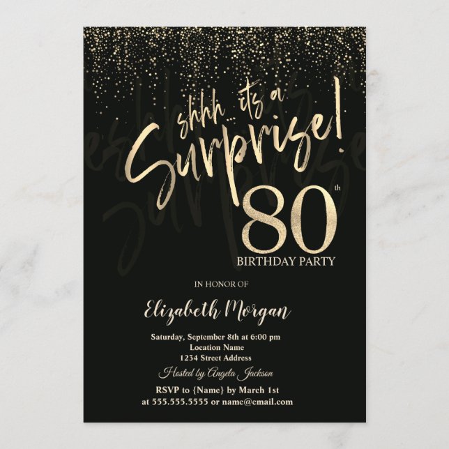 Festive Gold Surprise 80th Birthday Party Invitation (Front)