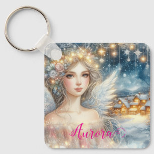 Festive Gold Watercolor Ethereal Frost Snow Angel Key Ring