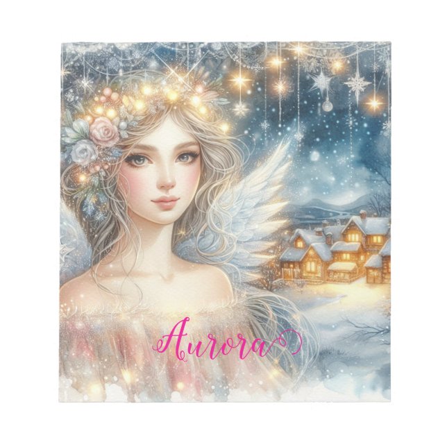 Festive Gold Watercolor Ethereal Frost Snow Angel Notepad (Front)
