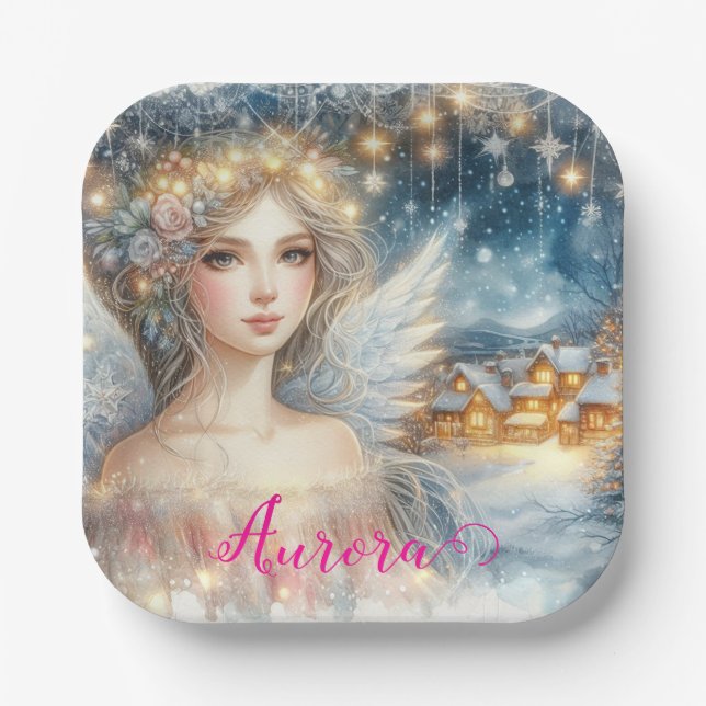 Festive Gold Watercolor Ethereal Frost Snow Angel Paper Plate (Front)