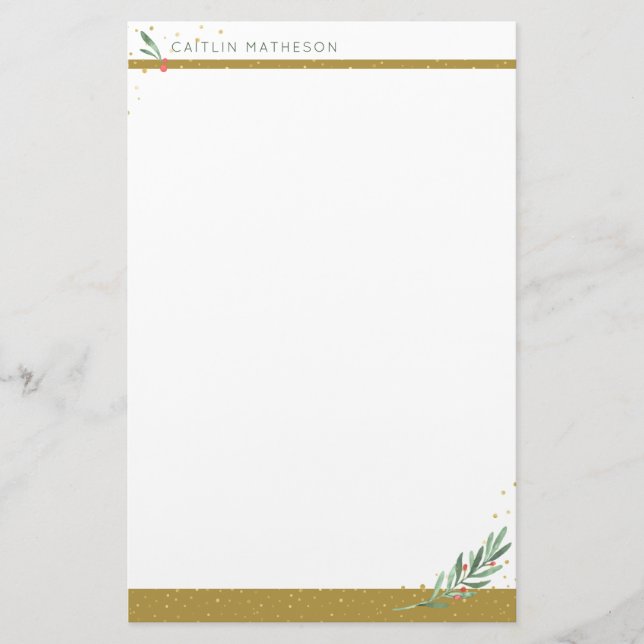 Festive Gold Winter Greenery Christmas Holiday Stationery (Front)