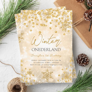 Festive Gold Winter ONEDERLAND 1st Birthday Invitation