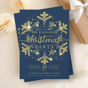 Festive Gold Winter Snowflake Christmas Navy Invitation