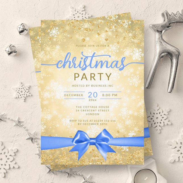 Festive Gold Winter Snowflakes Company Blue Ribbon Invitation (Festive Gold Winter Snowflakes Company Blue Ribbon Invitation)